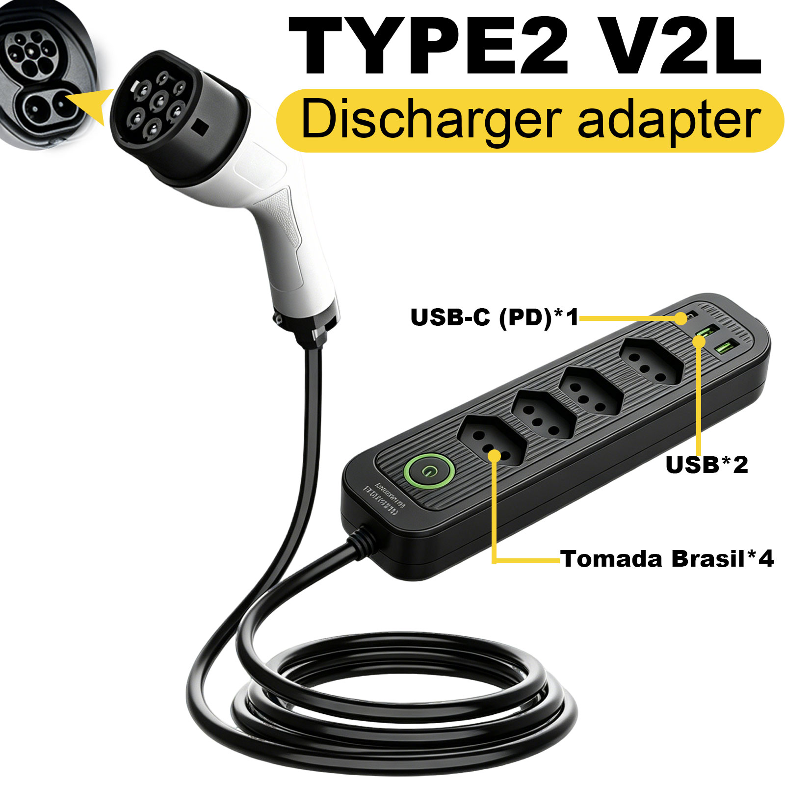 Outdoor Power Solutions - タイプ2 V2L放電アダプター 16A ブラジルソケット EVから屋外電源ステーションへ BYD