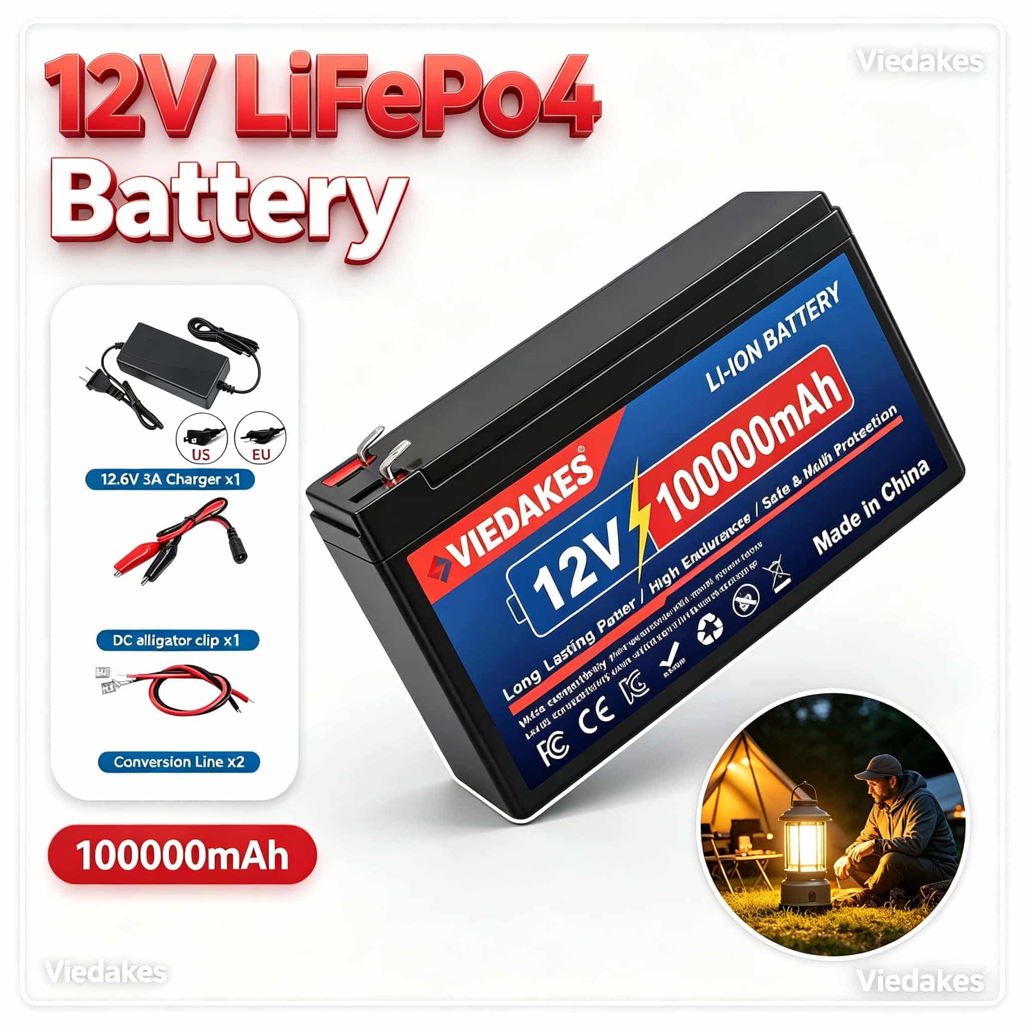 Outdoor Power Pack - VIEDAKES 12V リチウム鉄リン酸バッテリー 100000mAh。屋外での太陽光発電によるバックアップ電源に最適な、充電式バッテリーキット。必要な付属品一式が付属。