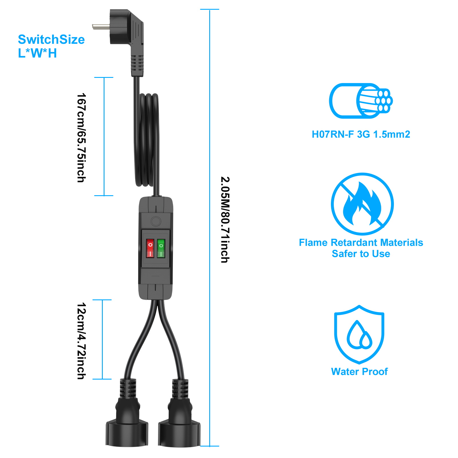EUプラグ延長コード、オン/オフスイッチ付き、0.4/2/3 - Outdoor Power Extension Cord のレビューと価格