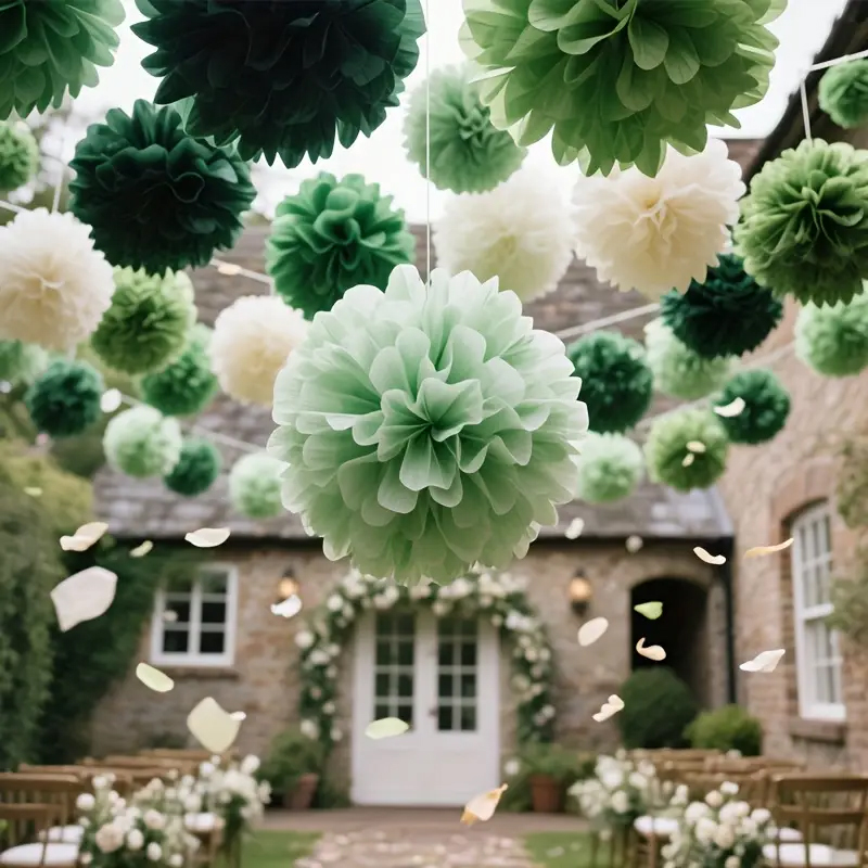 ボヘミアンスタイルのグリーンセージペーパーフラワーボール30 - Outdoor Power For Wedding のレビューと価格